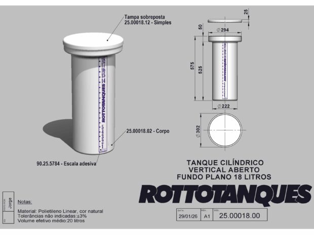 Tanque cilíndrico vertical aberto fundo plano de 18 litros