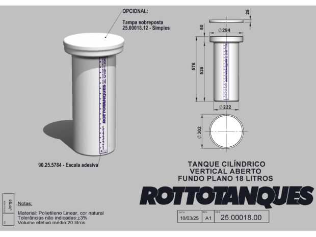 Tanque cilíndrico vertical aberto fundo plano de 18 litros