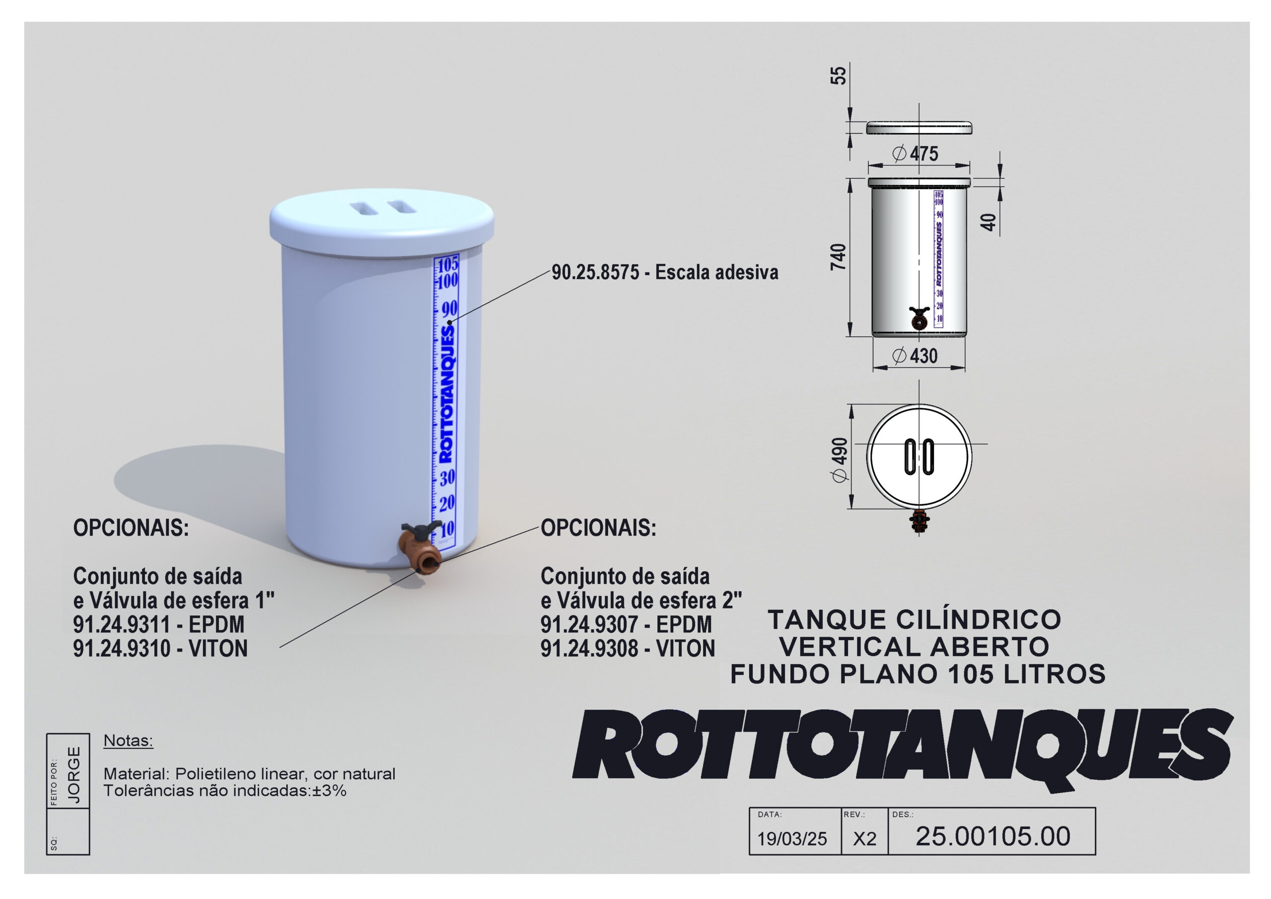 Tanque cilíndrico vertical aberto fundo plano de 105 litros
