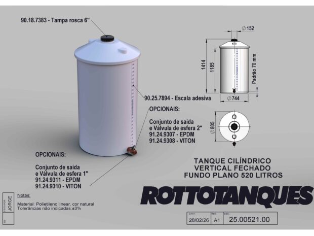 Tanque cilíndrico vertical fechado fundo plano de 520 litros