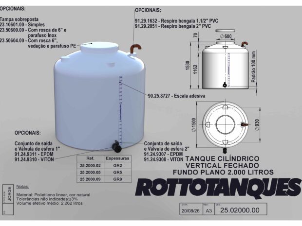 Tanque cilíndrico vertical fechado fundo plano de 2000 litros