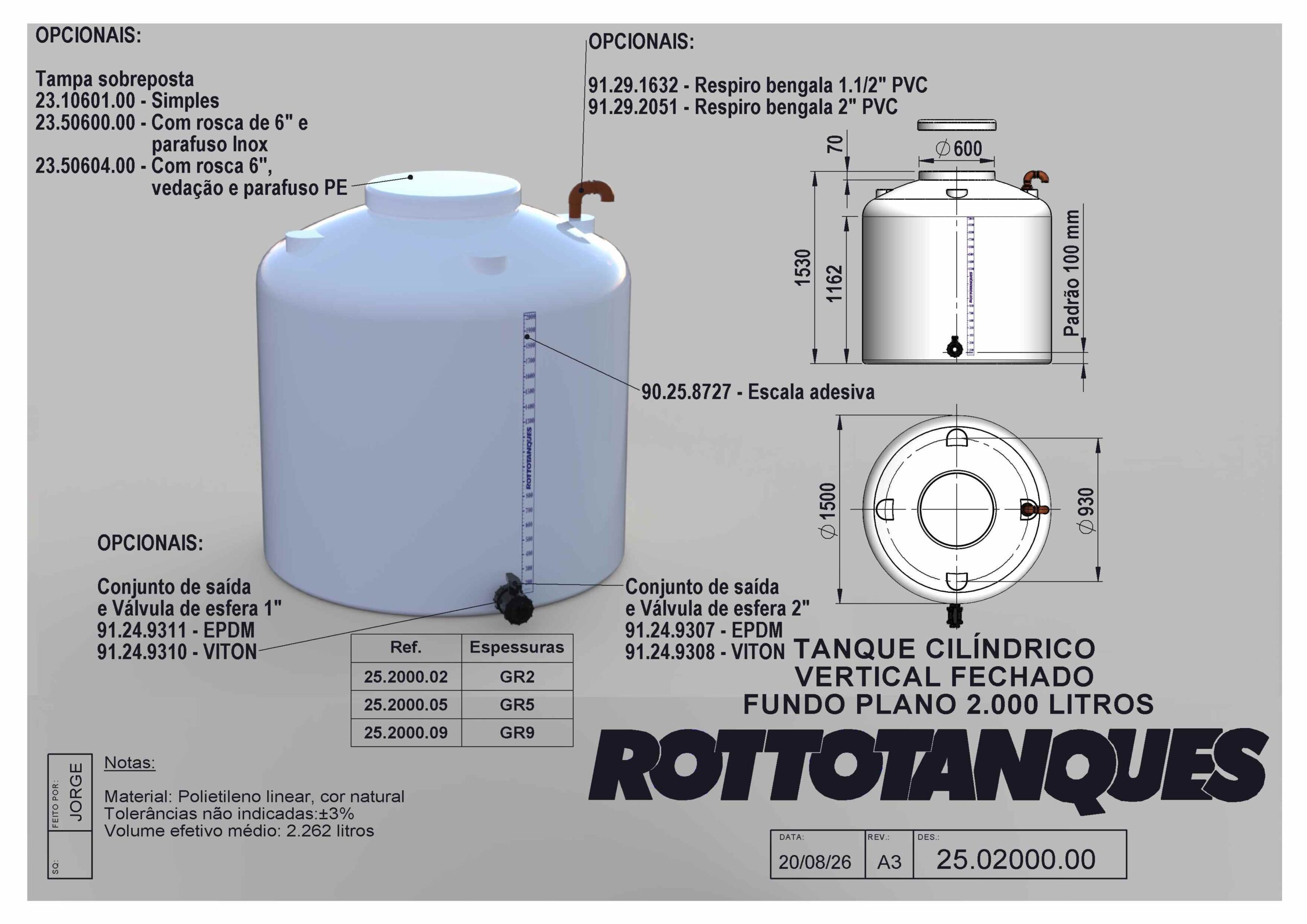 Tanque cilíndrico vertical fechado fundo plano de 2000 litros