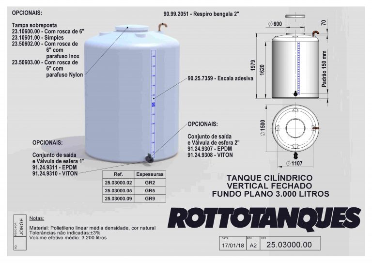 Tanque cilíndrico vertical fechado fundo plano de 3000 litros