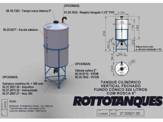 Tanque cilíndrico vertical fechado fundo cônico 520 litros com rosca de 6"