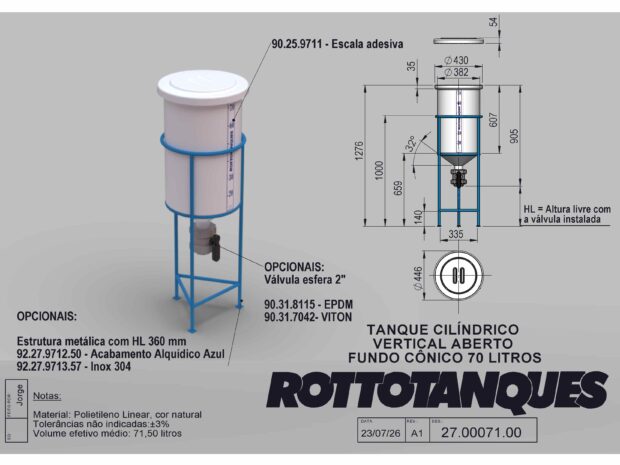 Tanque cilíndrico vertical aberto fundo cônico 70 litros