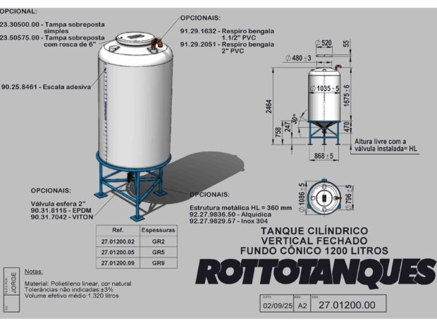 Tanque cilíndrico vertical fechado fundo cônico 1200 litros