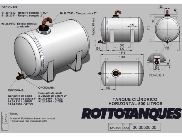 Tanque cilíndrico horizontal de 500 litros