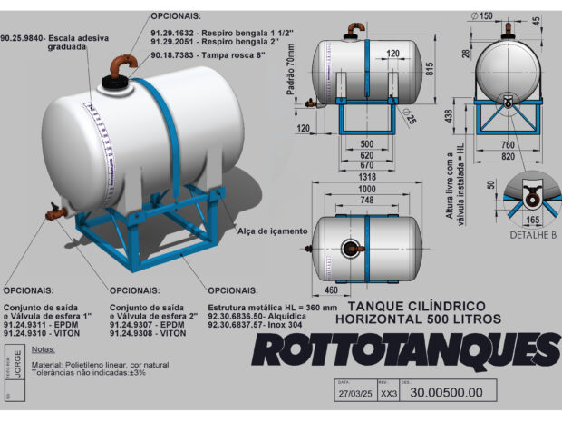Tanque cilíndrico horizontal de 500 litros