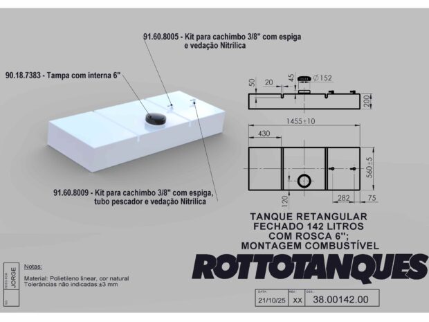 Tanque retangular fechado de 142 litros com rosca de 6º